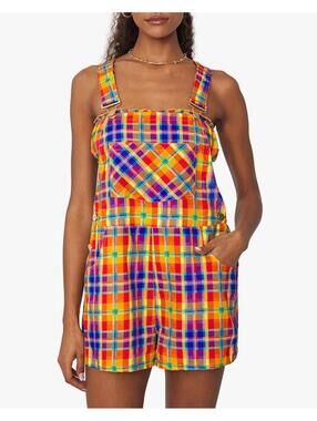 WeWoreWhat Women's XS Rainbow Overalls Short Romper Colorful Plaid Bold NWT